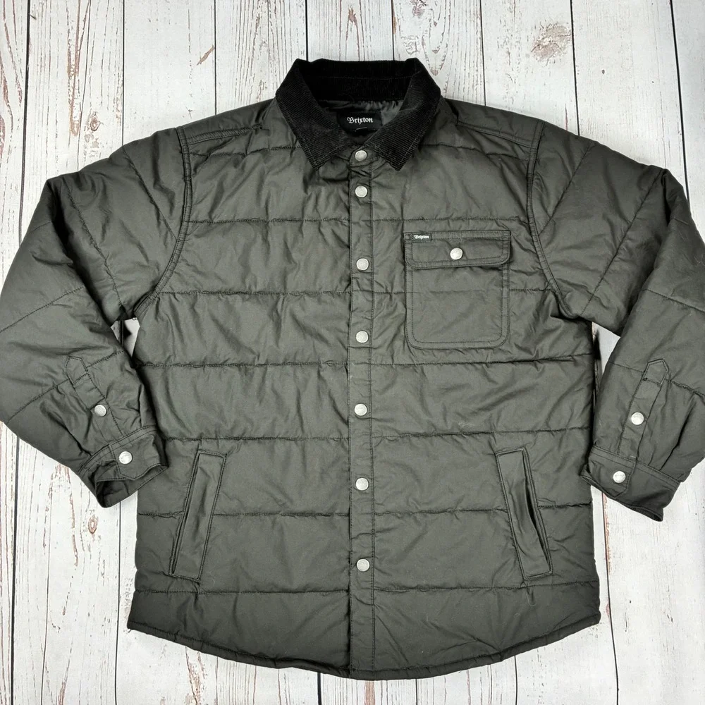 Brixton Mens Quilted Shirt Jacket Corduroy Collar Snap Front Black Large